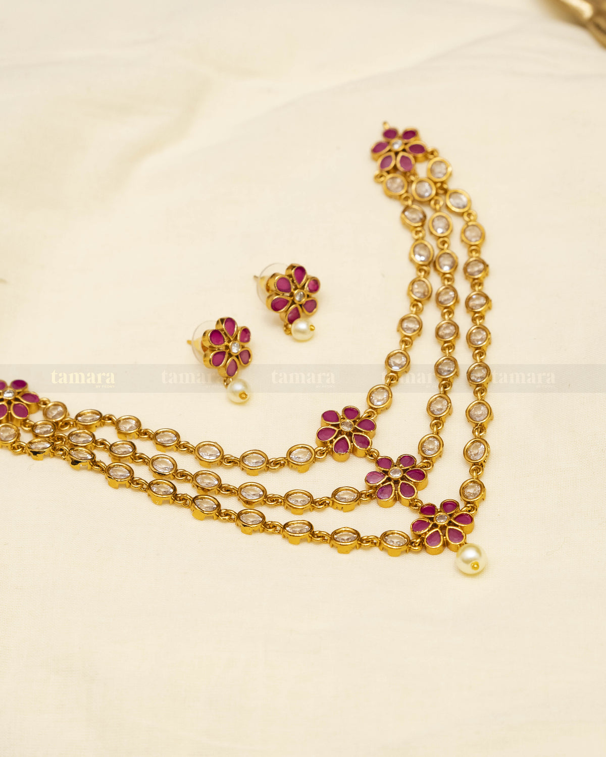 Three Layered Necklace Set - Ruby & White
