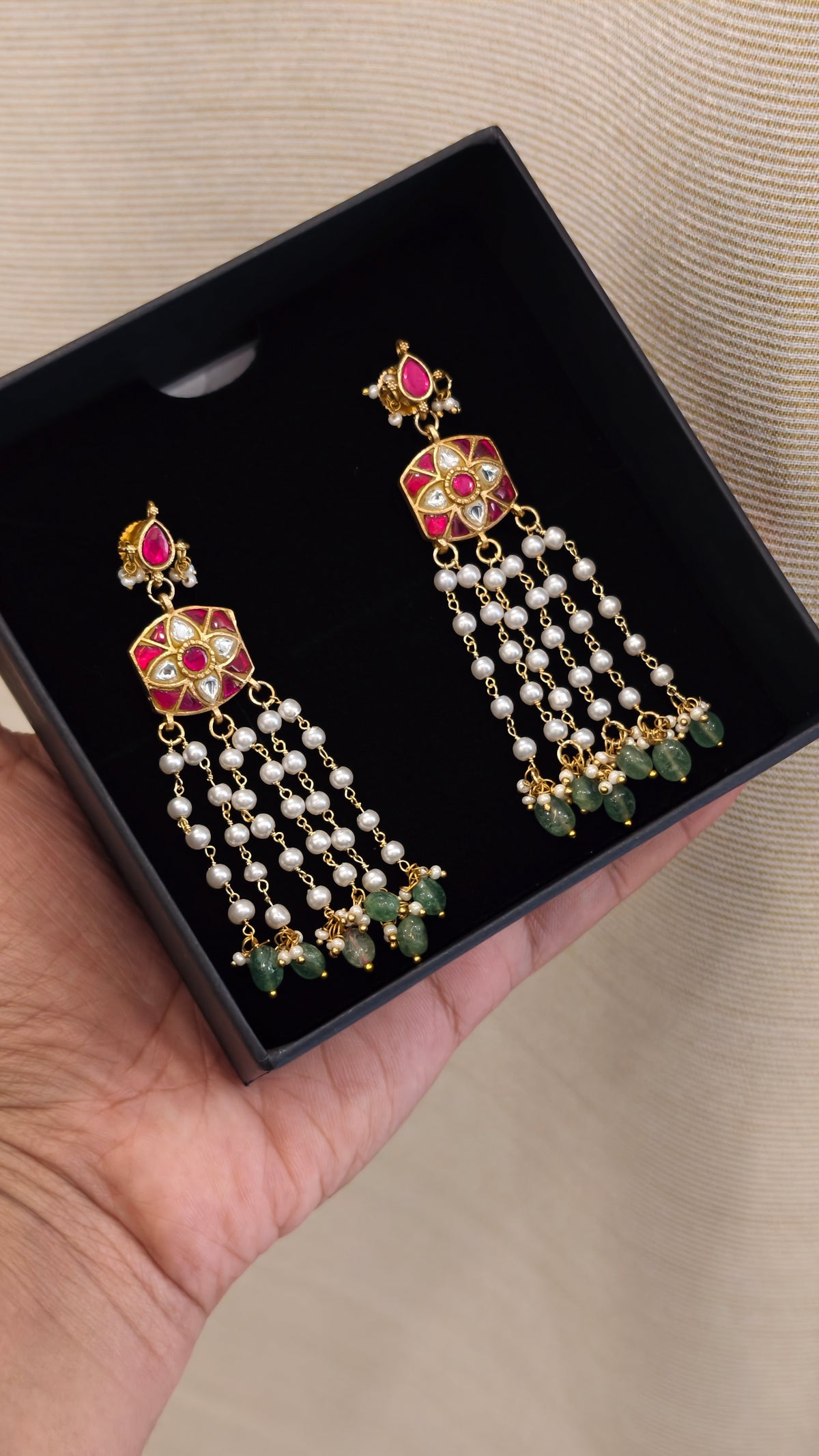 Pearl Drop Jadau Earrings - Pink & White