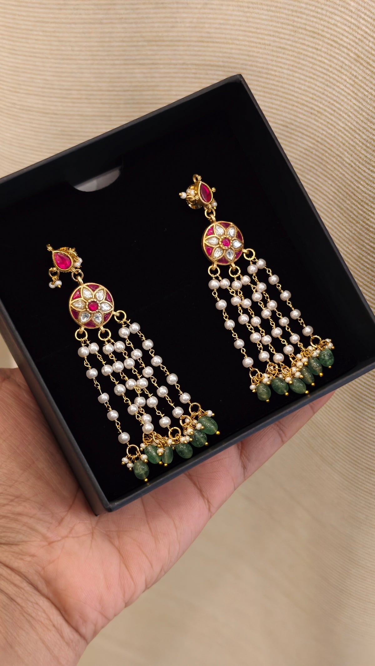 Floral Pearl Drop Jadau Earrings - Pink & White