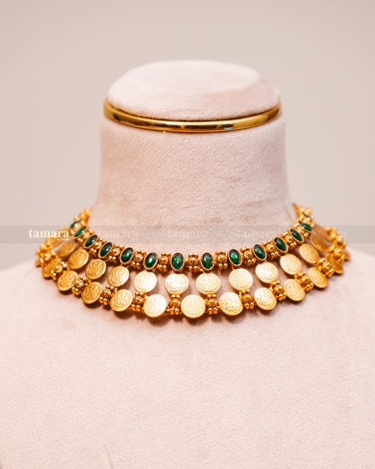 Lakshmi Coin Necklace with Stud - Green