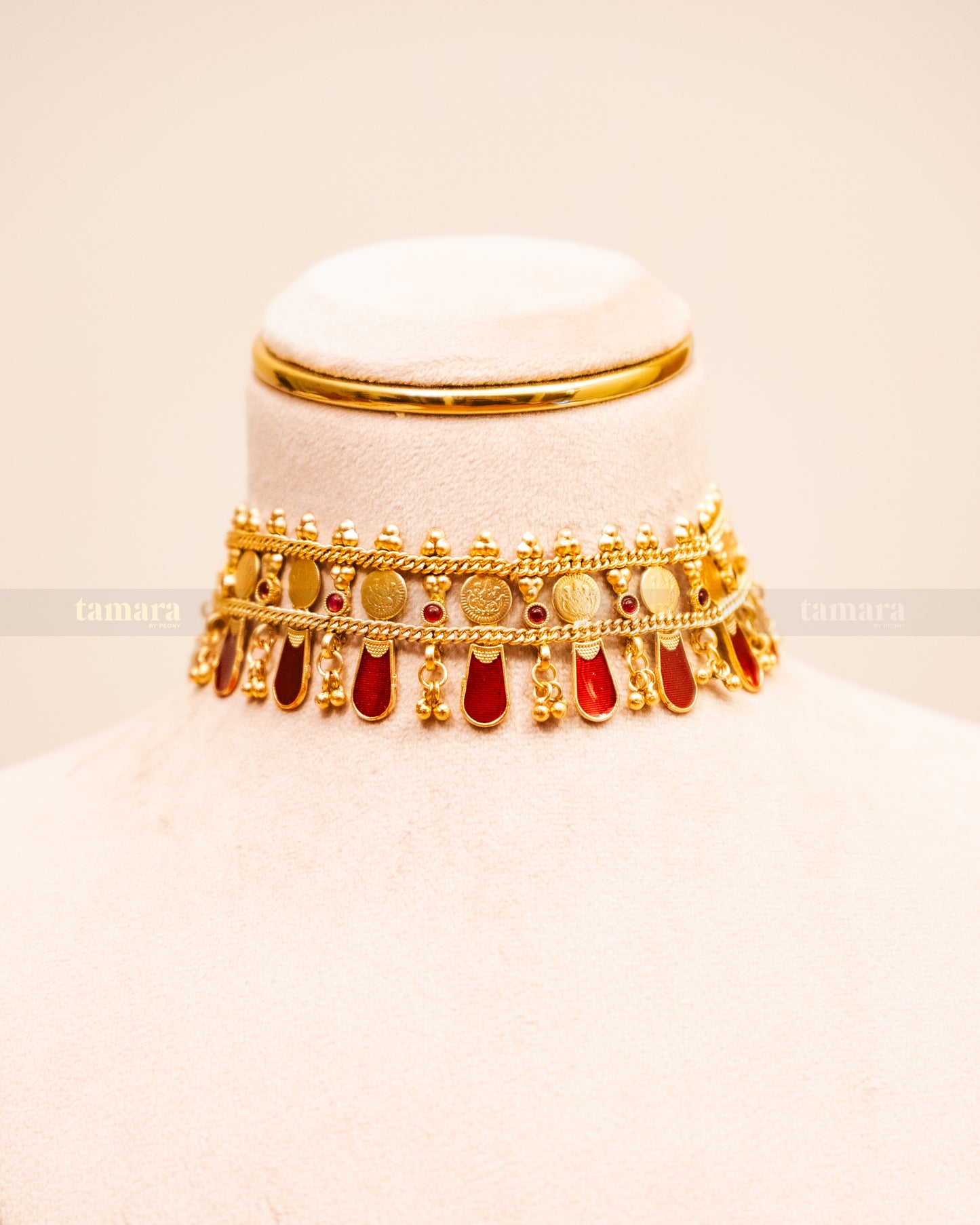 Coin Palakka Necklace with Stud -  Red