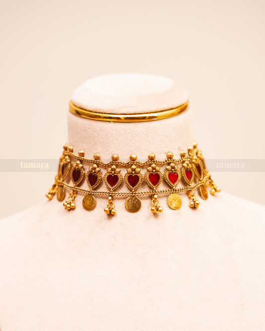 Coin Necklace with Stud - Red