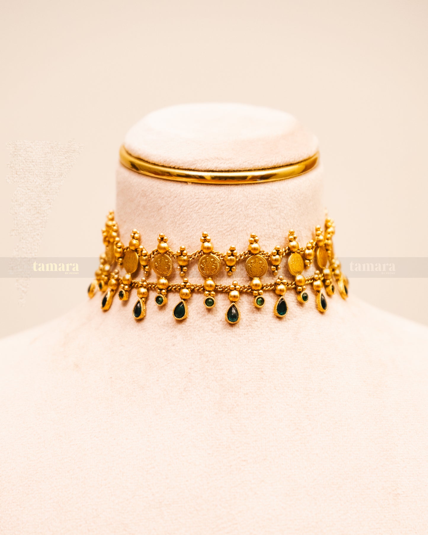Drop Coin Necklace with Stud - Green