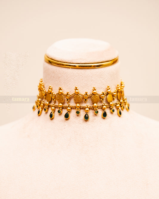 Drop Coin Necklace with Stud - Green