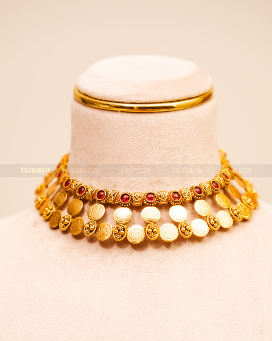 Lakshmi Coin Necklace with Stud - Ruby