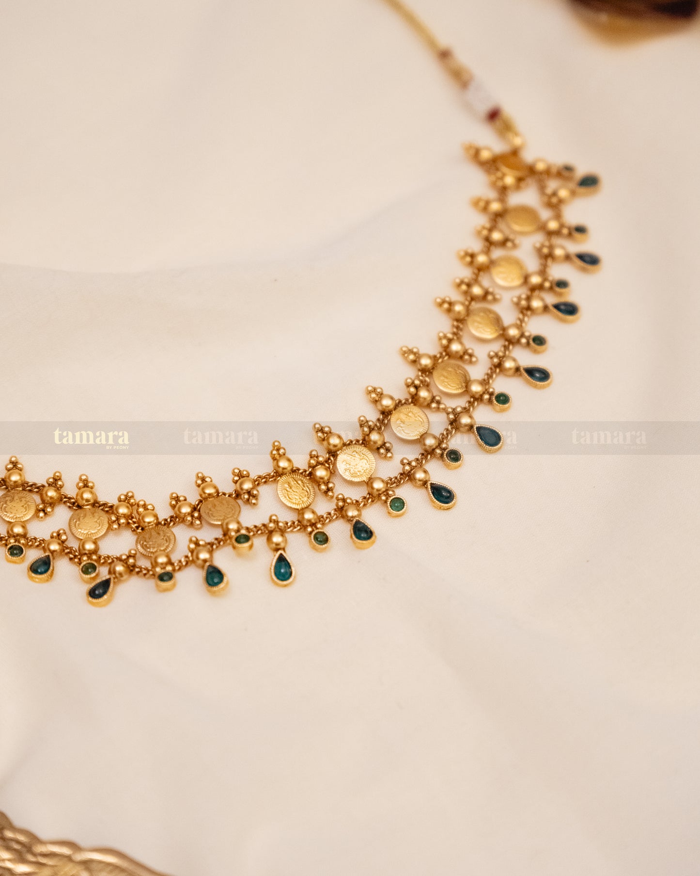 Drop Coin Necklace with Stud - Green