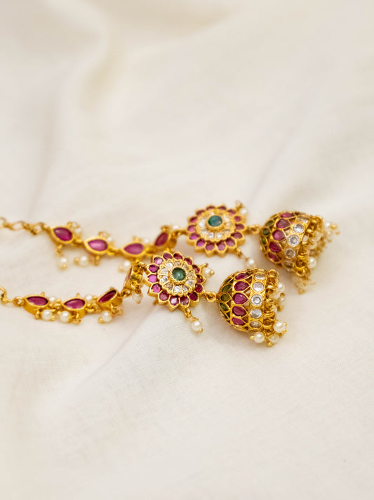 Floral Kemp Jhumka with Earchain