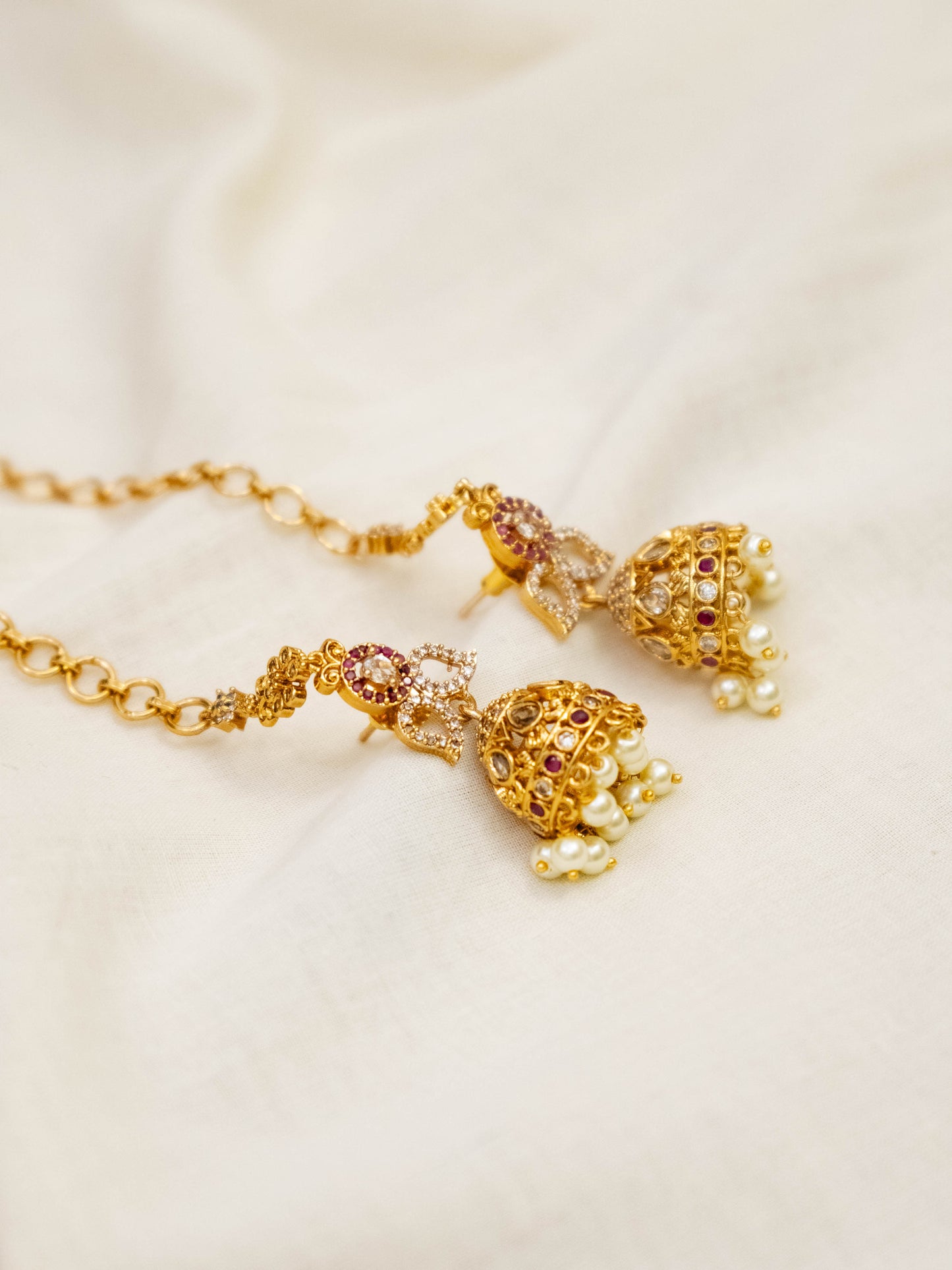 Ruby & White Jhumka with Earchain
