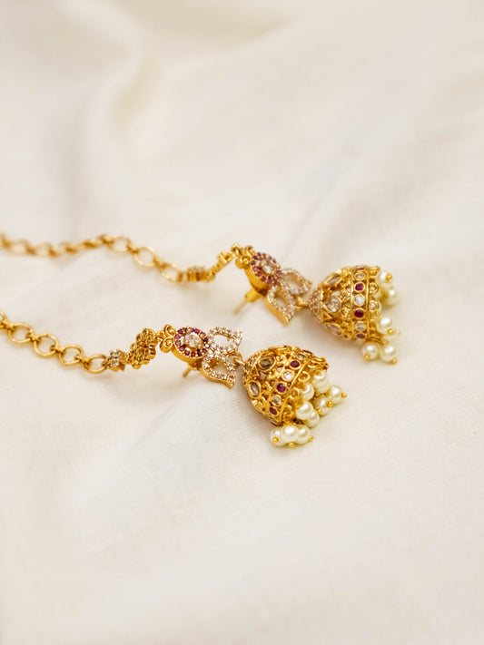 Ruby & White Jhumka with Earchain