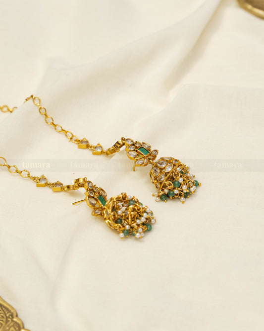 Double-layered jhumka with earchain - Mint