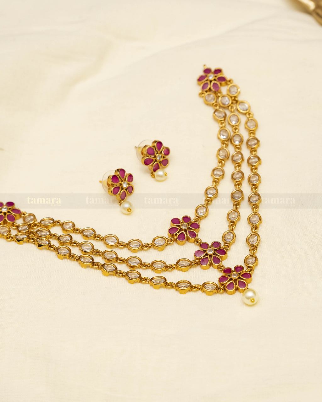 Three Layered Necklace Set - Ruby & White