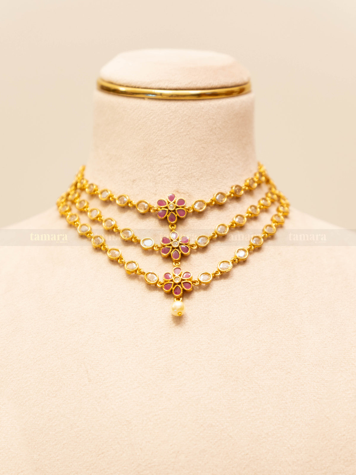 Three Layered Necklace Set - Ruby & White