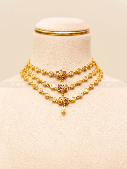 Three Layered Necklace Set - Ruby & White