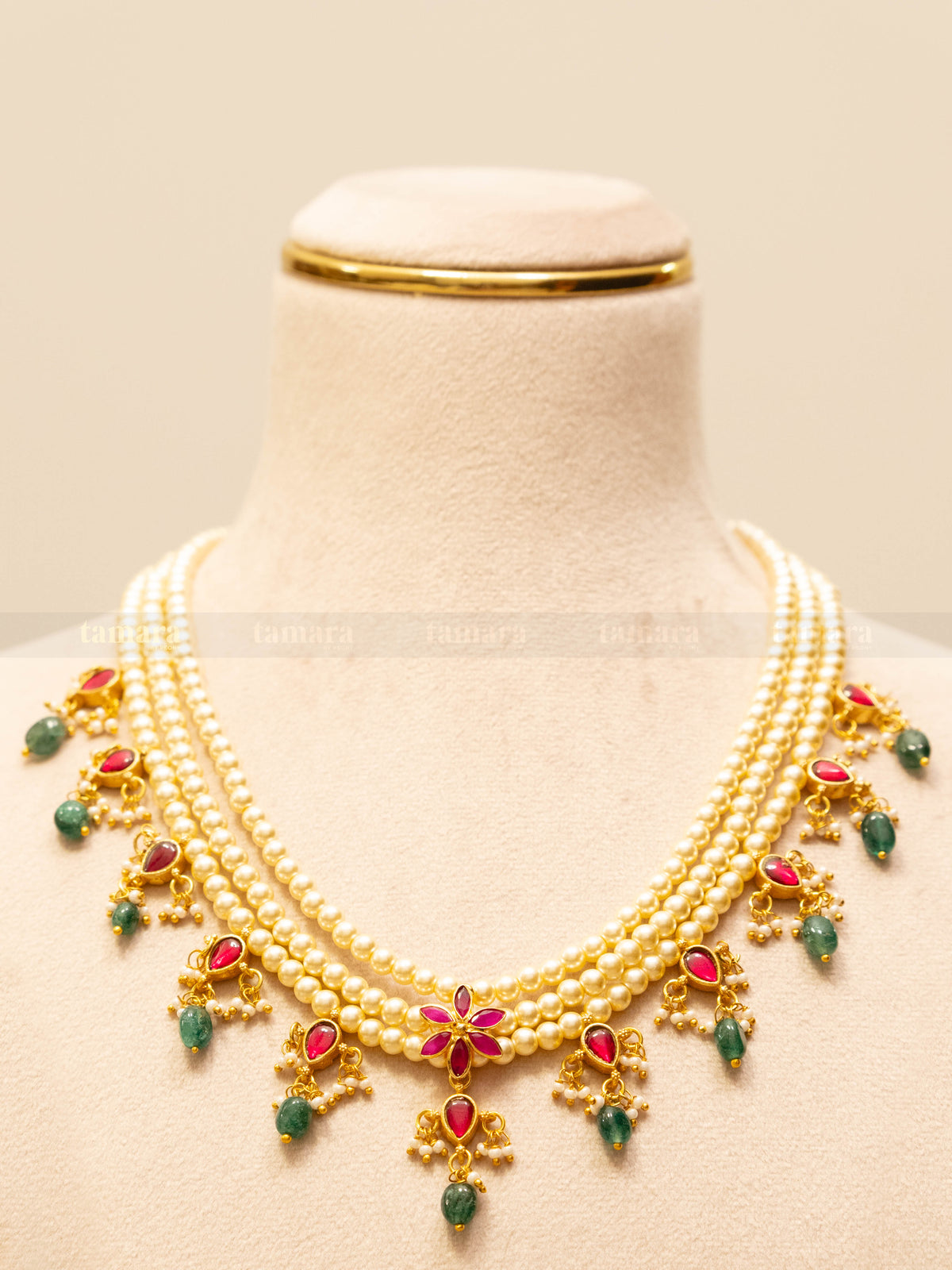 Three Layered Jadau Necklace - Floral
