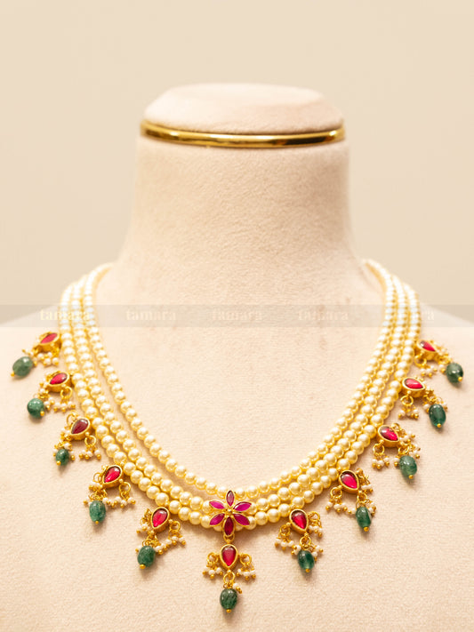 Three Layered Jadau Necklace - Floral