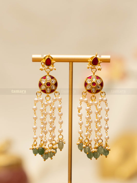 Floral Pearl Drop Jadau Earrings - Pink & White