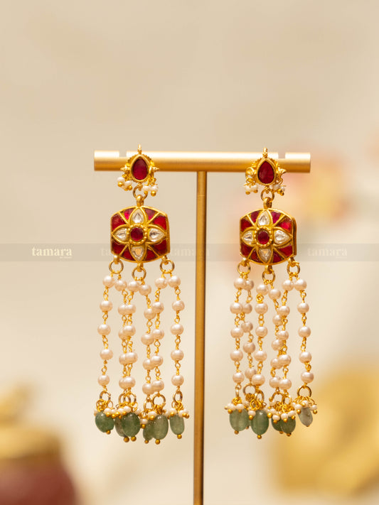 Pearl Drop Jadau Earrings - Pink & White