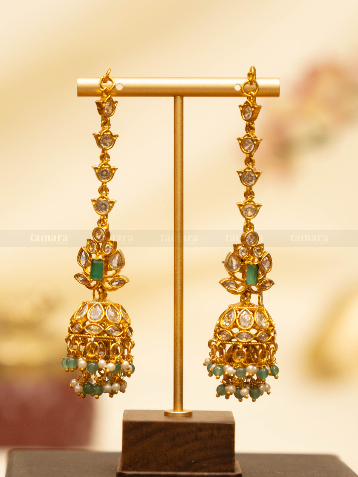 Double-layered jhumka with earchain - Mint