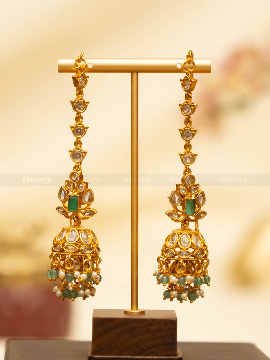 Double-layered jhumka with earchain - Mint