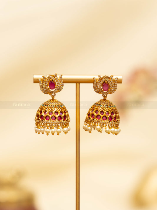 Studded Lotus Jhumka - Pink & White