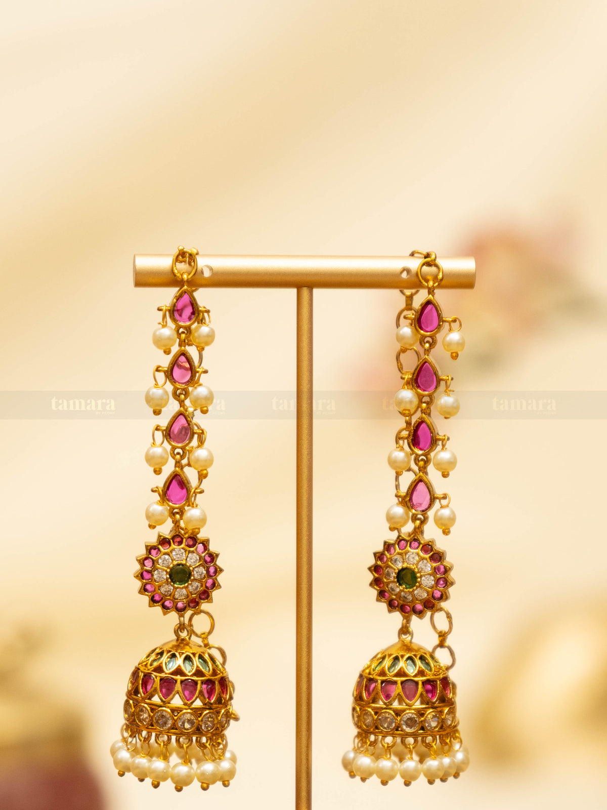 Floral Kemp Jhumka with Earchain